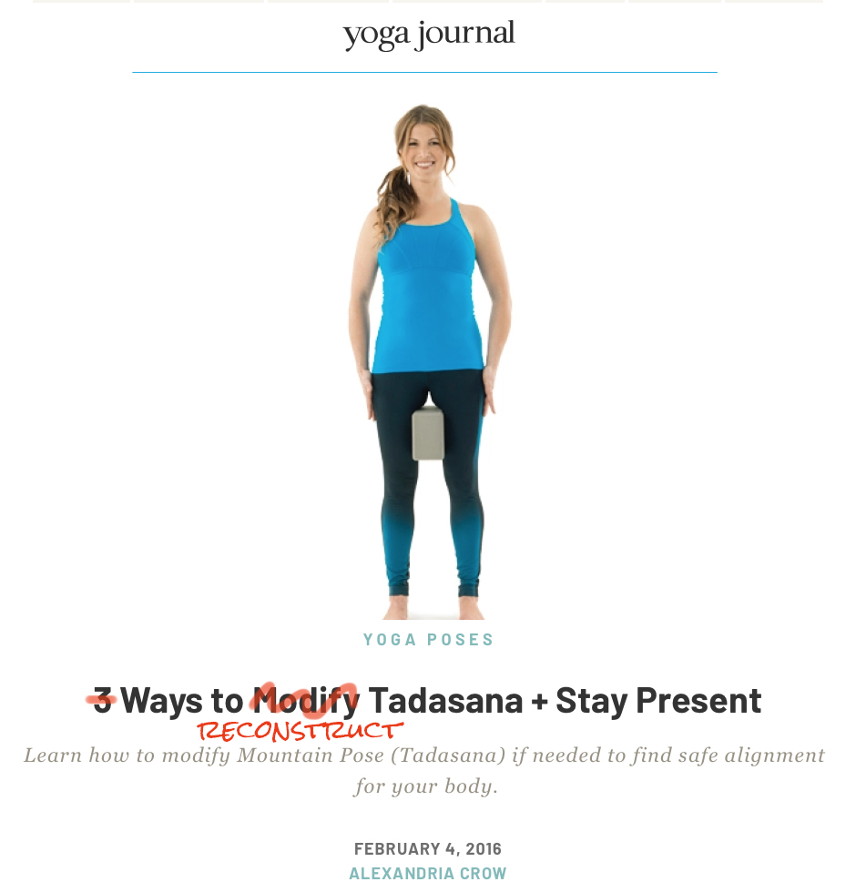 Tadasana with a block with text that says "Ways to Reconstruct Tadasana + Stay Present".