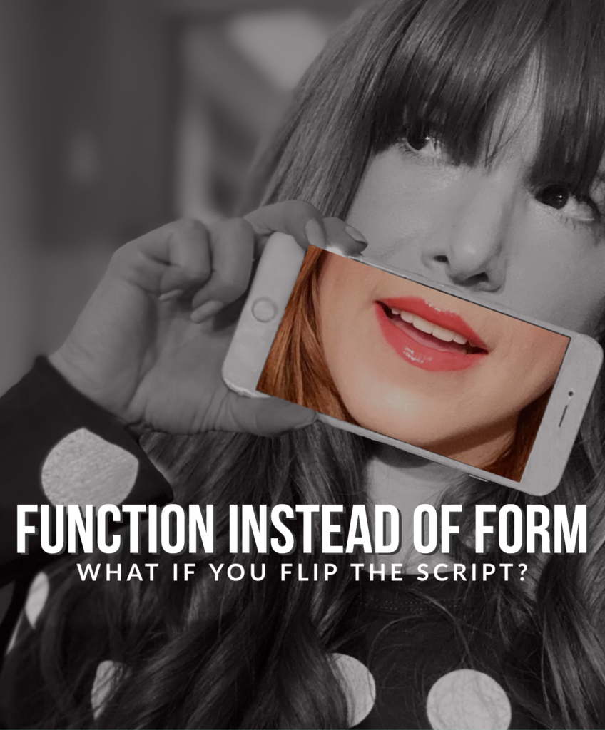 Meme with words "function instead of form, what if you flip the script?" about teaching yoga online and prioritizing function over form.